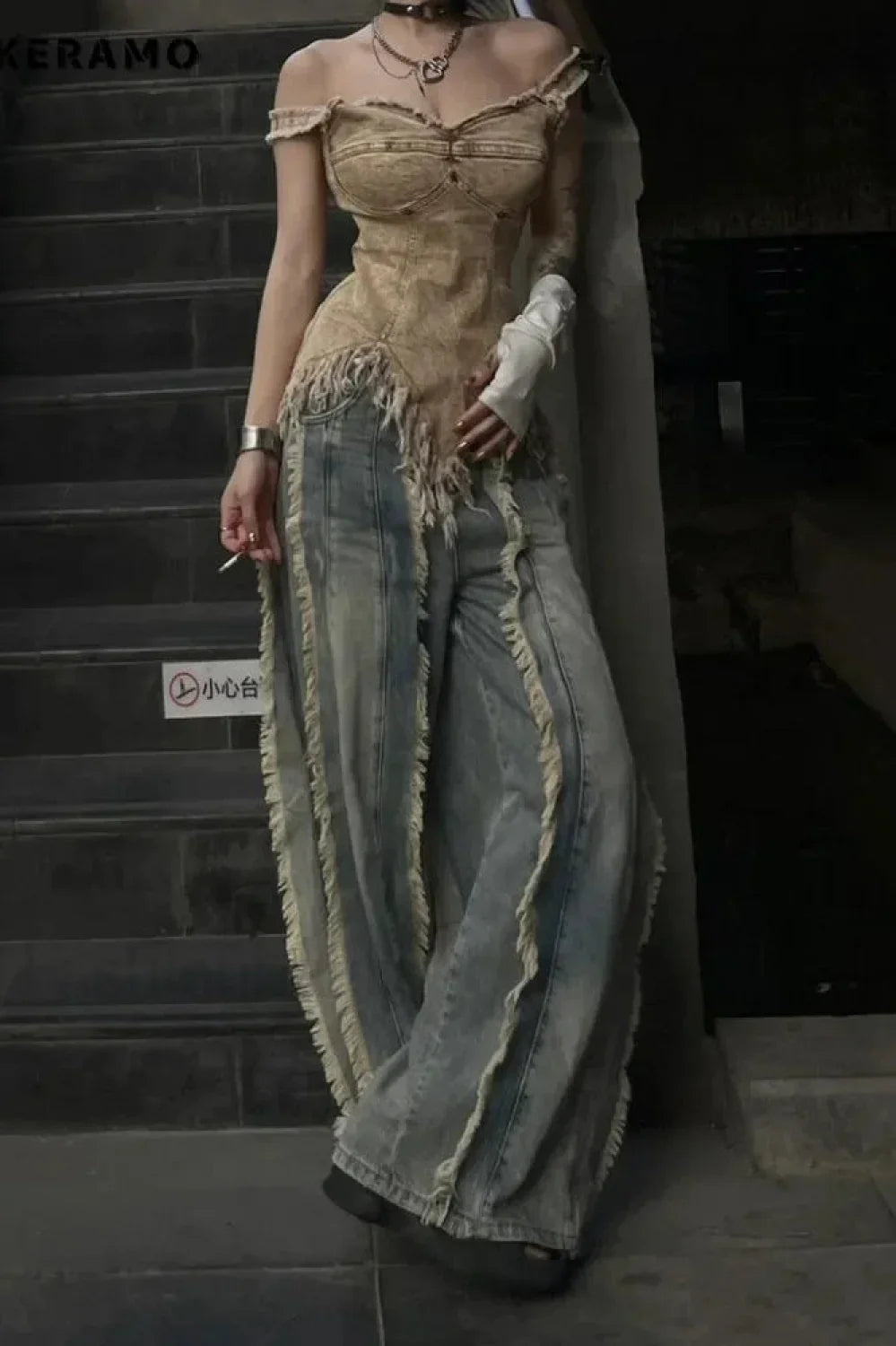 Washed Baggy Vintage Tassel Jeans Washed Baggy Vintage Tassel Jeans