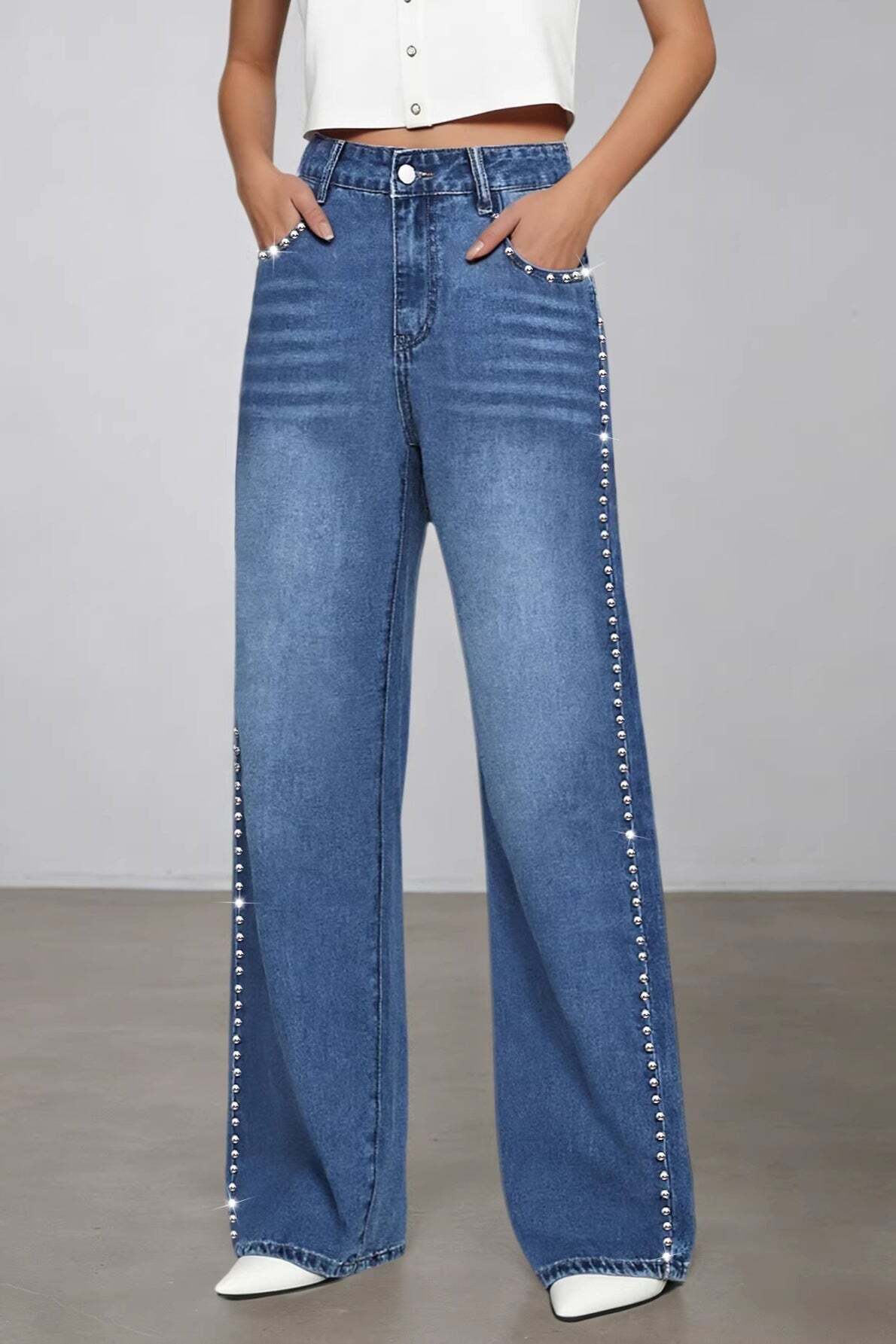 Washed Beaded High Waist Straight Leg Jeans