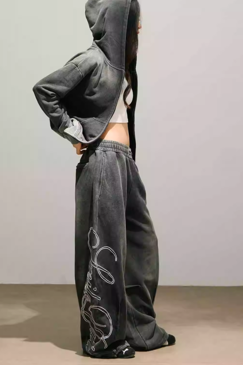 Washed Black Zip Hoodie / Wide Pants