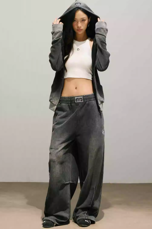 Washed Black Zip Hoodie / Wide Pants