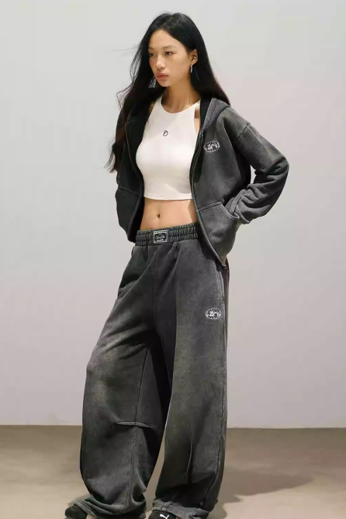 Washed Black Zip Hoodie / Wide Pants