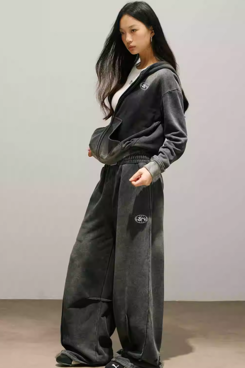 Washed Black Zip Hoodie / Wide Pants