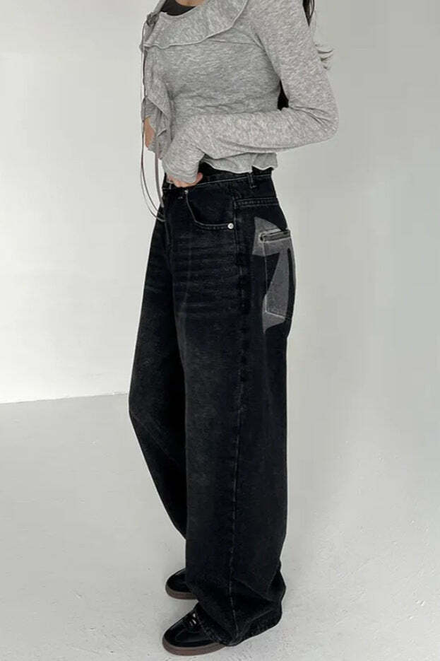 Washed Bow Print Pocket Wide Leg Jeans Washed Bow Print Pocket Wide Leg Jeans