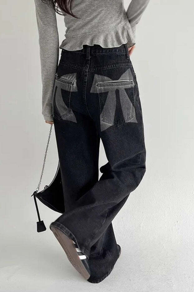 Washed Bow Print Pocket Wide Leg Jeans Washed Bow Print Pocket Wide Leg Jeans