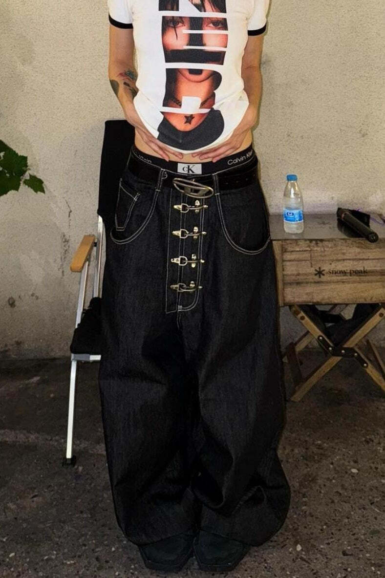 Washed Button Fly Wide Leg Jeans