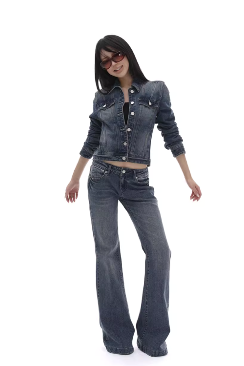 Washed Short Denim Jacket / Flare Slim Jeans