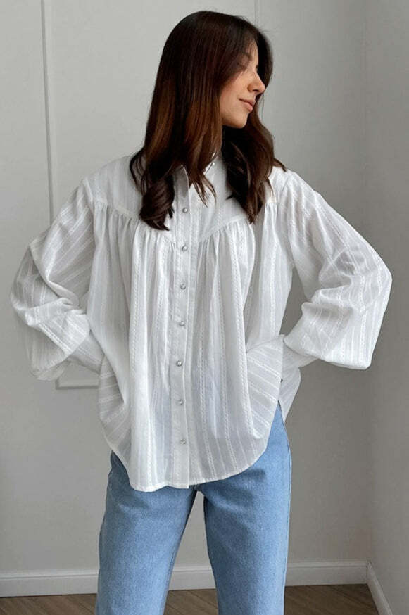 White Cotton Jacquard Stand Collar Blouse