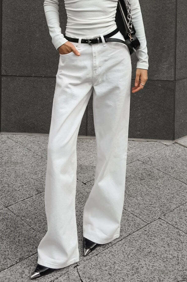 White Cotton Twill High Waisted Straight Leg Jeans