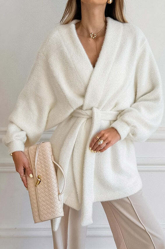 White Fuzzy Tie Waist Mid-Length Relaxed Cardigan