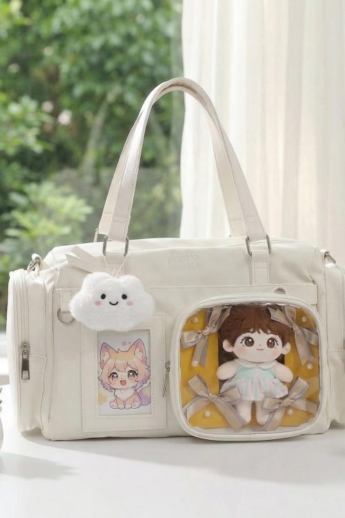 White Ita Crossbody Bag with Clear Window for Plushies and Pins