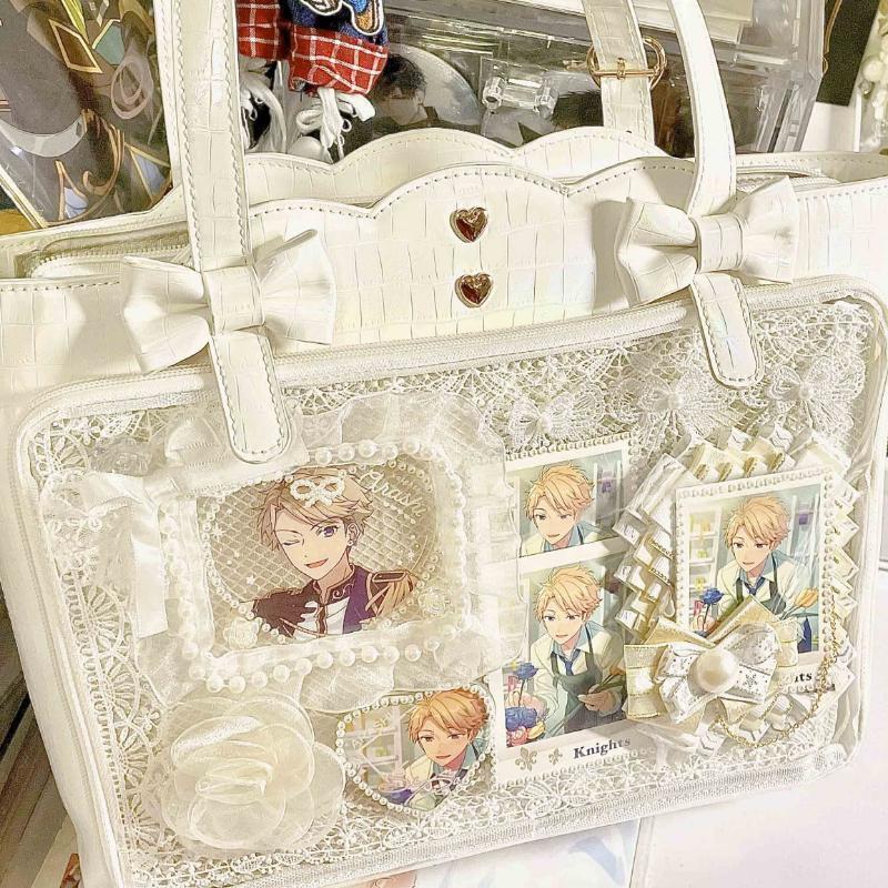 White Ita Shoulder Bag with Clear Window for Pin Display White Ita Shoulder Bag with Clear Window for Pin Display