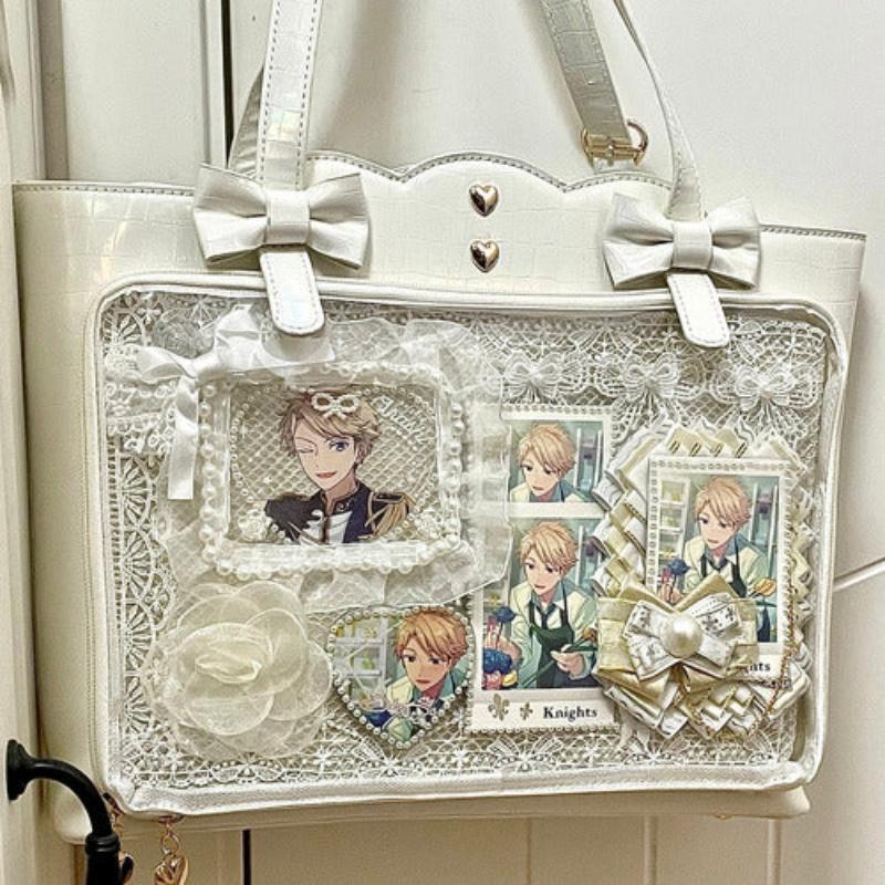 White Ita Shoulder Bag with Clear Window for Pin Display White Ita Shoulder Bag with Clear Window for Pin Display