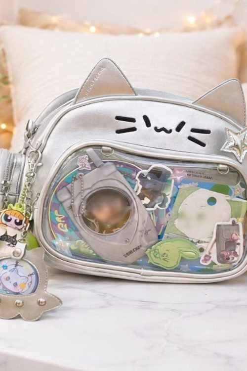 White Kawaii Cat Ita Shoulder Bag with Clear Window for Plushies and Pins