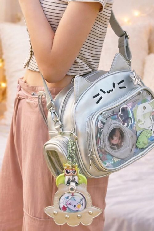 White Kawaii Cat Ita Shoulder Bag with Clear Window for Plushies and Pins