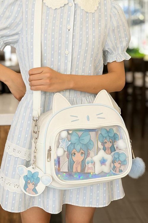 White Kawaii Cat Ita Shoulder Bag with Clear Window for Plushies and Pins