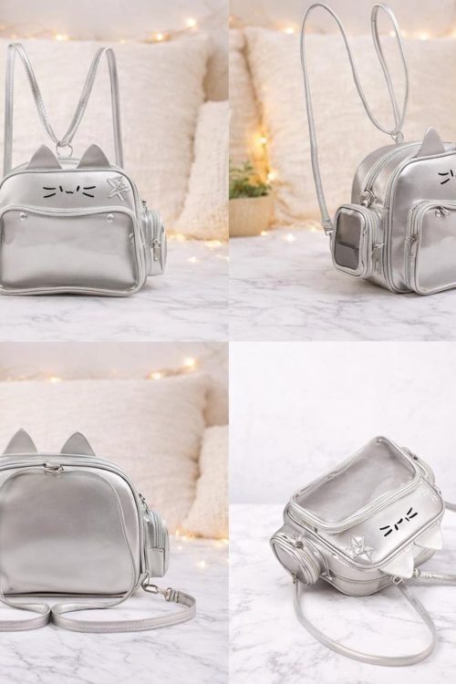 White Kawaii Cat Ita Shoulder Bag with Clear Window for Plushies and Pins