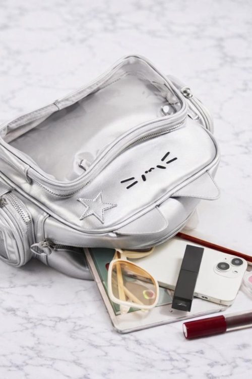White Kawaii Cat Ita Shoulder Bag with Clear Window for Plushies and Pins