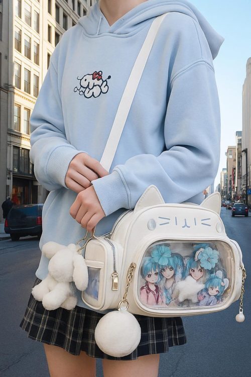White Kawaii Cat Ita Shoulder Bag with Clear Window for Plushies and Pins
