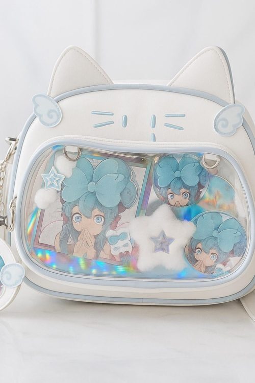 White Kawaii Cat Ita Shoulder Bag with Clear Window for Plushies and Pins