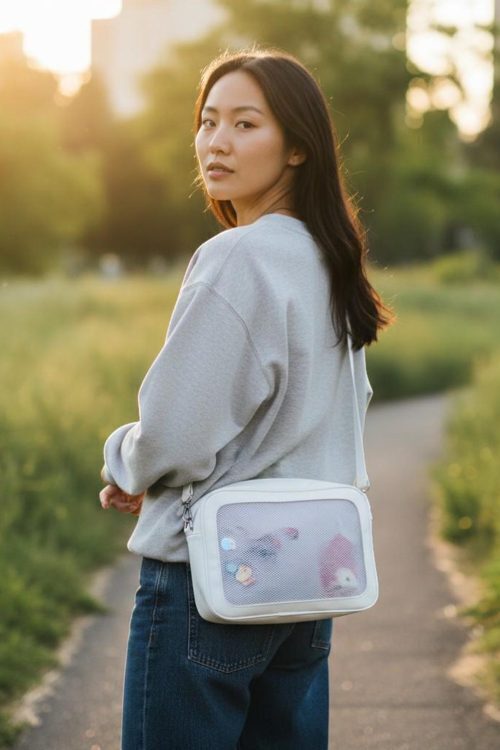 White Kawaii Convertible Ita Bag with Clear Window for Pin Display