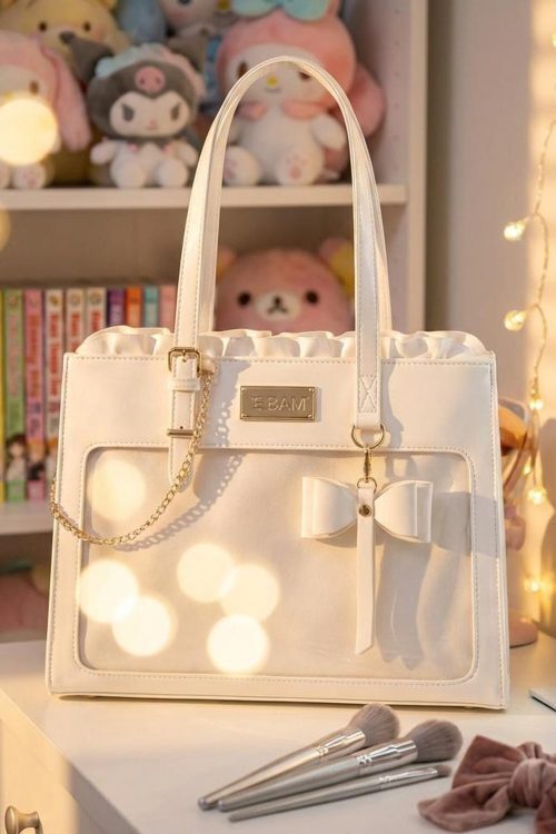 White Kawaii Convertible Ita Bag with Clear Window for Pin Display