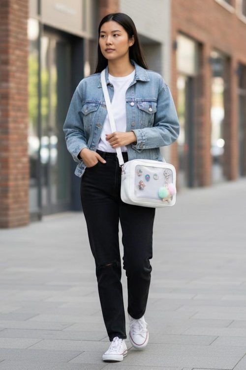 White Kawaii Convertible Ita Bag with Clear Window for Pin Display