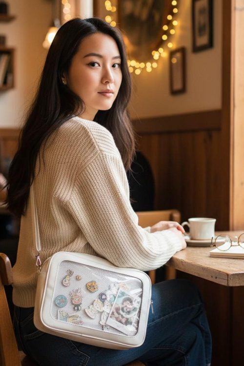 White Kawaii Convertible Ita Bag with Clear Window for Pin Display