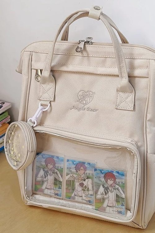White Kawaii Ita Backpack with Clear Window and Included Insert for Pin Display