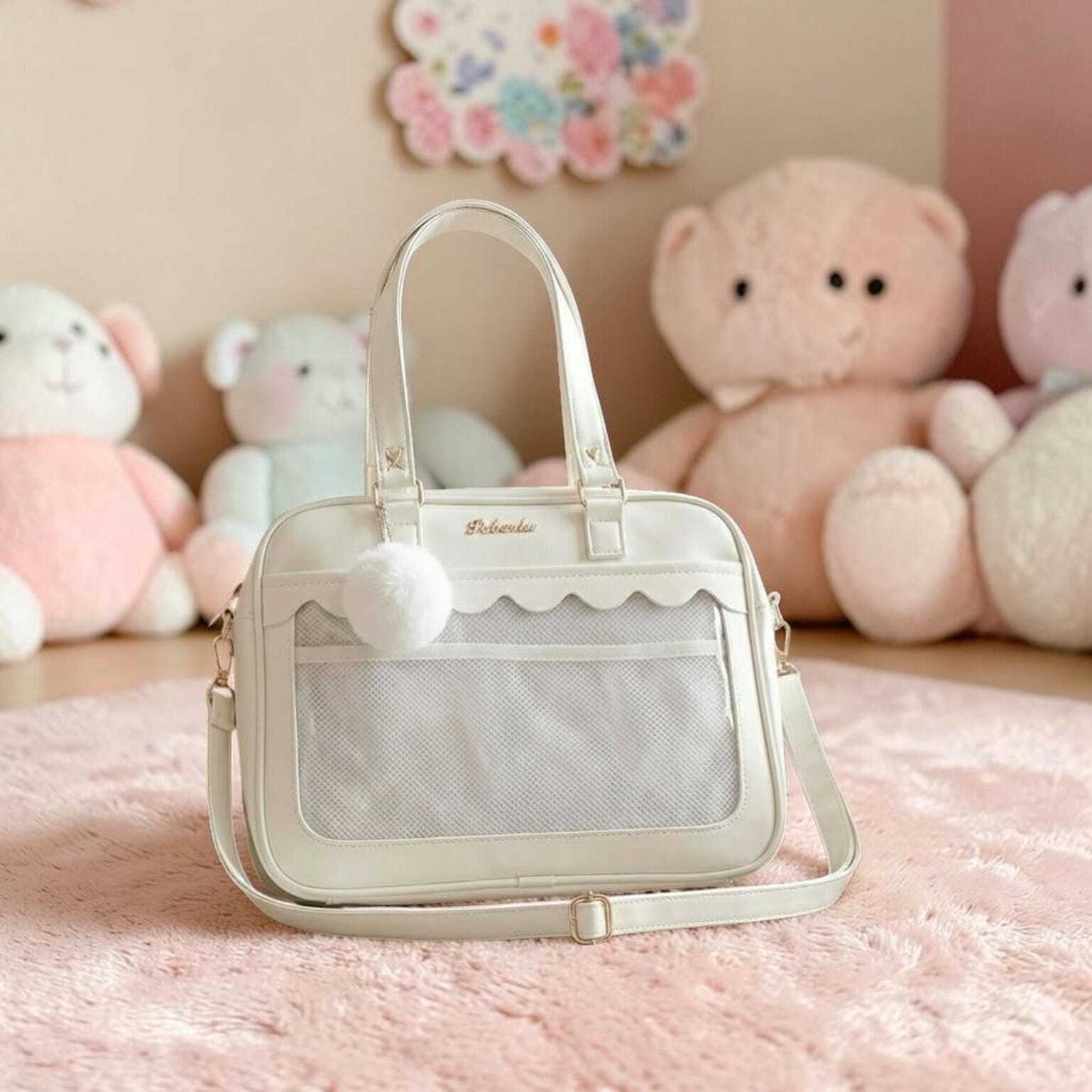 White Kawaii Ita Backpack with Clear Window for Pin Display White Kawaii Ita Backpack with Clear Window for Pin Display