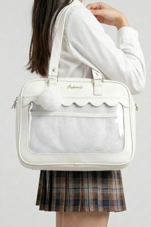 White Kawaii Ita Backpack with Clear Window for Pin Display