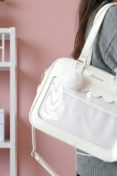 White Kawaii Ita Backpack with Clear Window for Pin Display