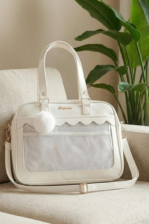 White Kawaii Ita Backpack with Clear Window for Pin Display