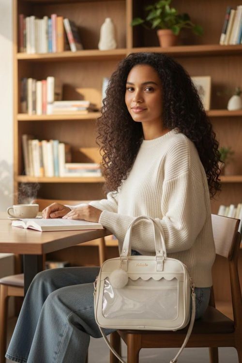 White Kawaii Ita Backpack with Clear Window for Pin Display