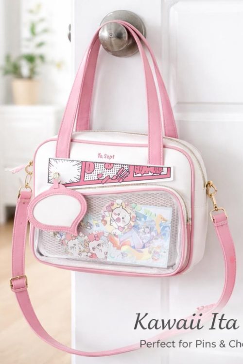 White Kawaii Y2K Convertible Ita Bag with Clear Window for Photocards and Pins