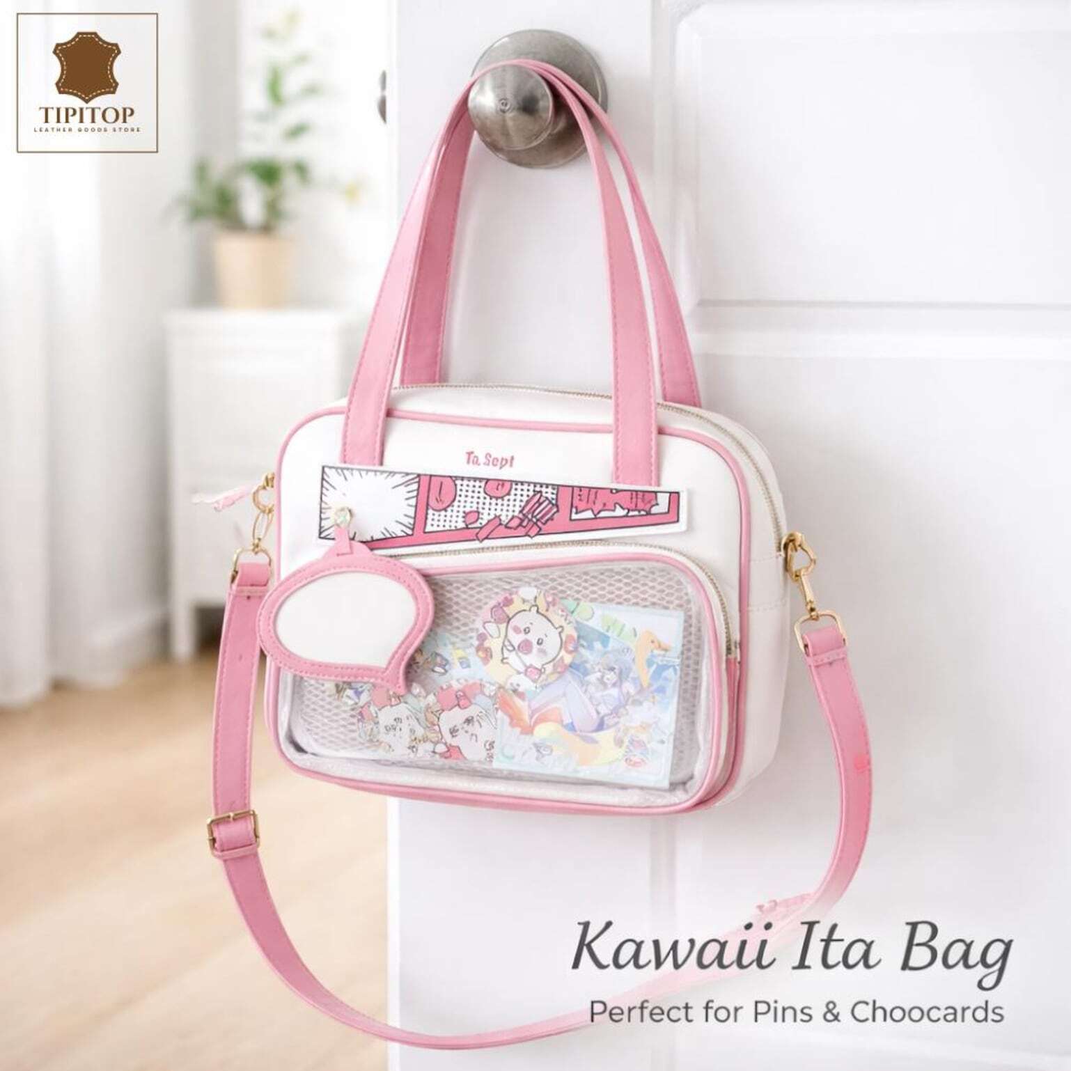 White Kawaii Y2K Convertible Ita Bag with Clear Window for Photocards and Pins White Kawaii Y2K Convertible Ita Bag with Clear Window for Photocards and Pins