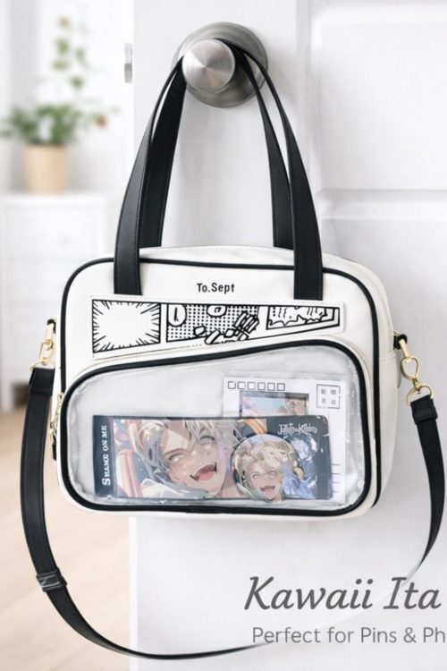 White Kawaii Y2K Convertible Ita Bag with Clear Window for Photocards and Pins