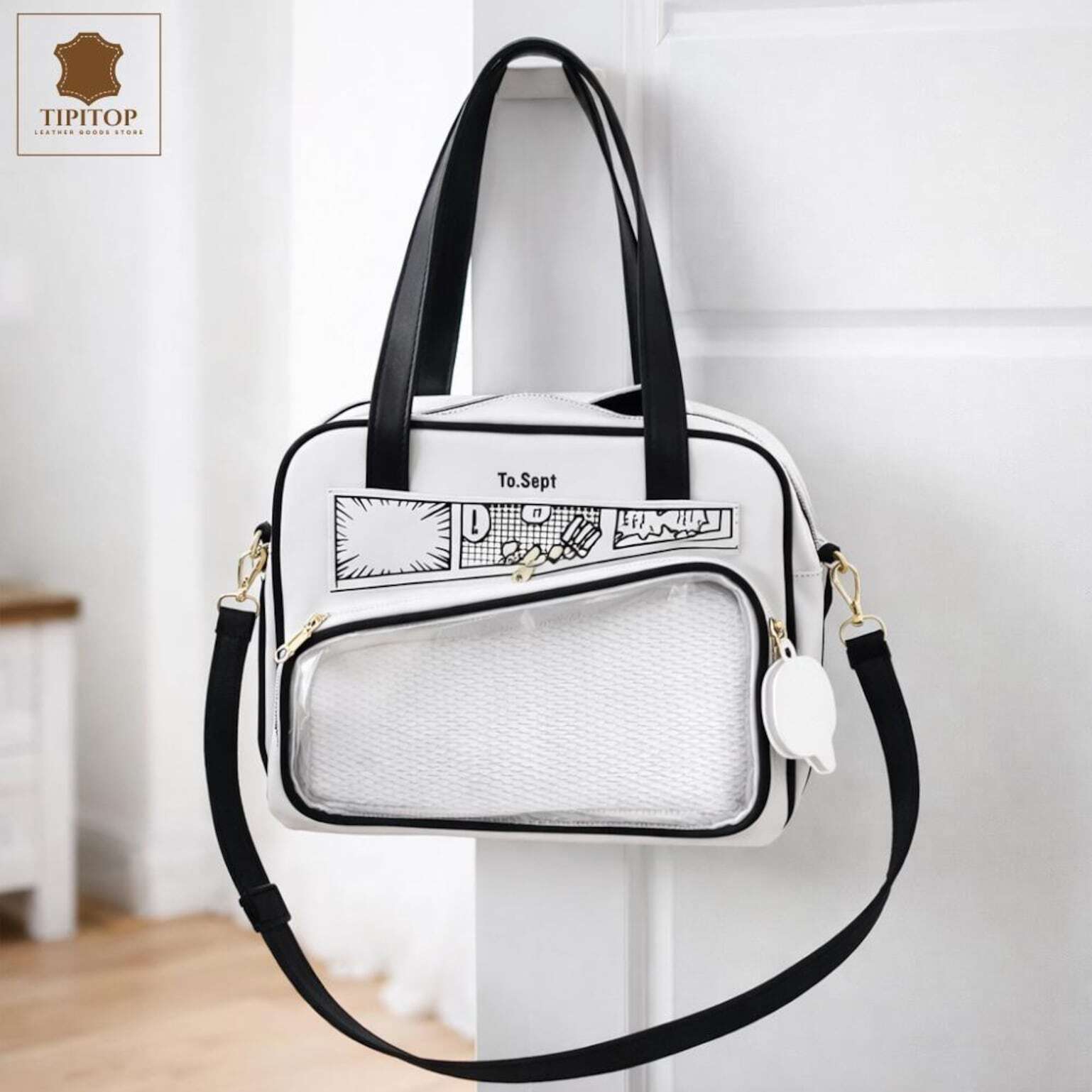 White Kawaii Y2K Convertible Ita Bag with Clear Window for Photocards and Pins White Kawaii Y2K Convertible Ita Bag with Clear Window for Photocards and Pins