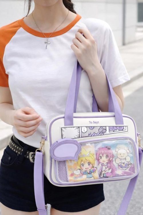White Kawaii Y2K Convertible Ita Bag with Clear Window for Photocards and Pins