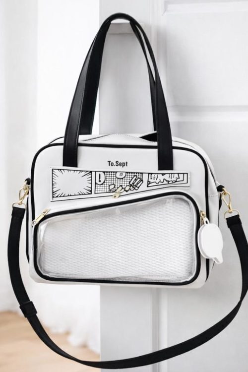 White Kawaii Y2K Convertible Ita Bag with Clear Window for Photocards and Pins