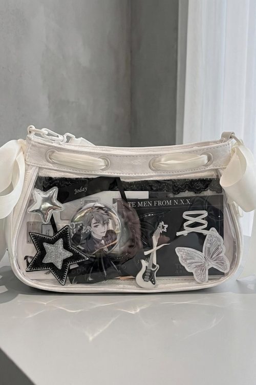 White Kawaii Y2K Ita Shoulder Bag with Clear Window for Photocards and Pins
