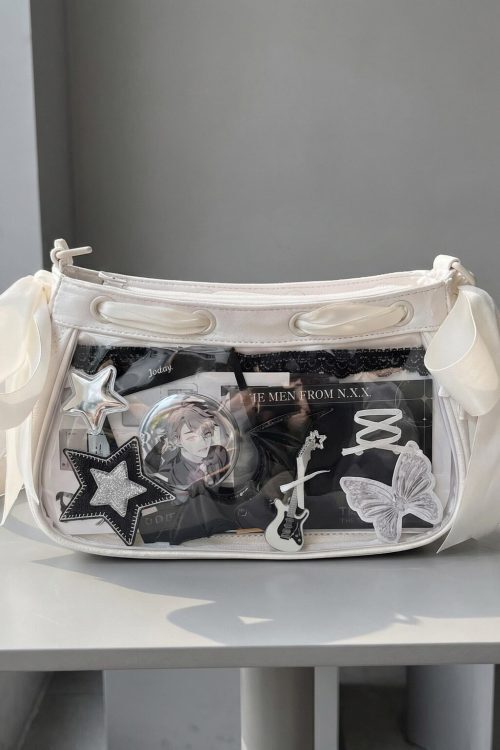 White Kawaii Y2K Ita Shoulder Bag with Clear Window for Photocards and Pins