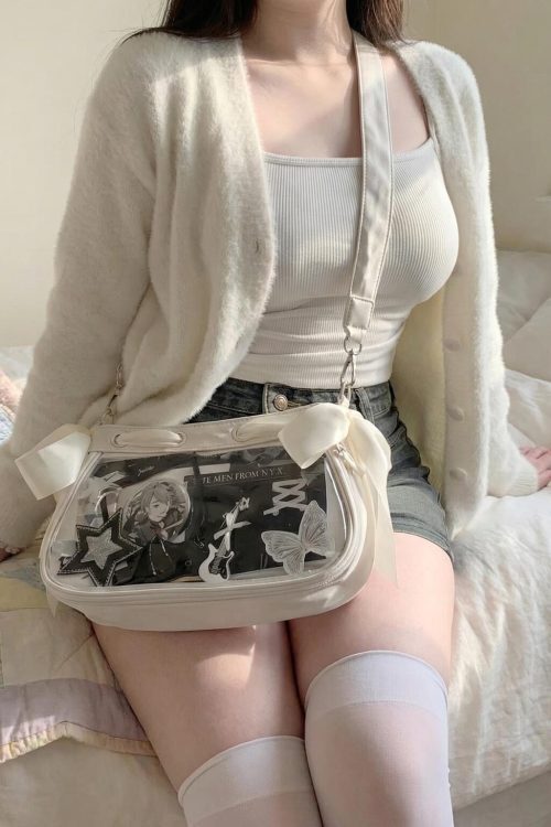 White Kawaii Y2K Ita Shoulder Bag with Clear Window for Photocards and Pins