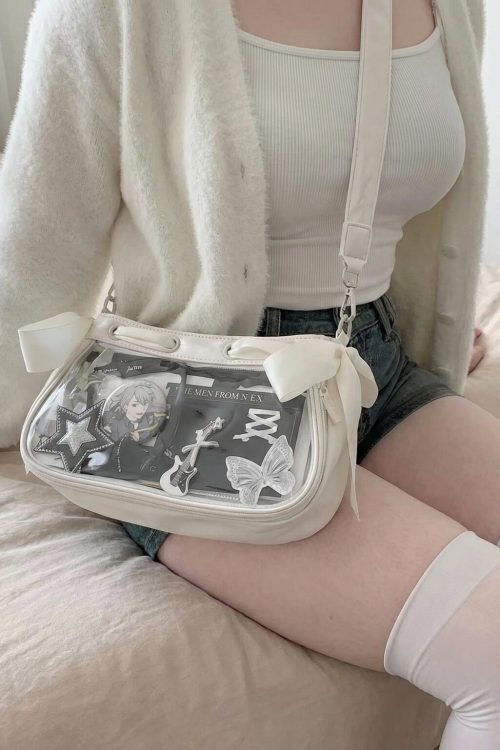 White Kawaii Y2K Ita Shoulder Bag with Clear Window for Photocards and Pins
