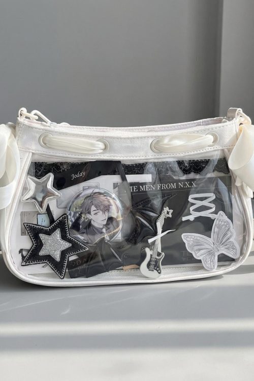 White Kawaii Y2K Ita Shoulder Bag with Clear Window for Photocards and Pins