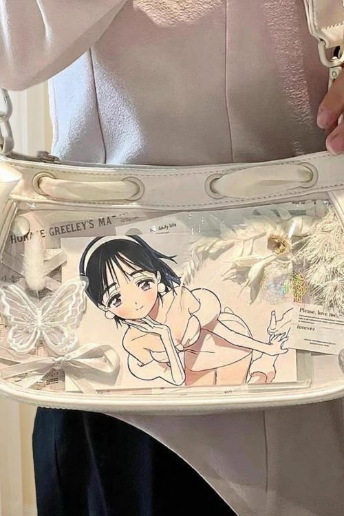 White Kawaii Y2K Ita Shoulder Bag with Clear Window for Photocards and Pins
