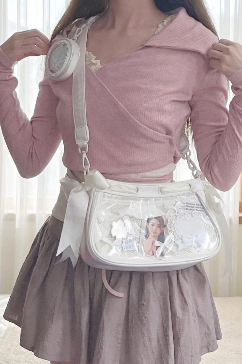 White Kawaii Y2K Ita Shoulder Bag with Clear Window for Photocards and Pins