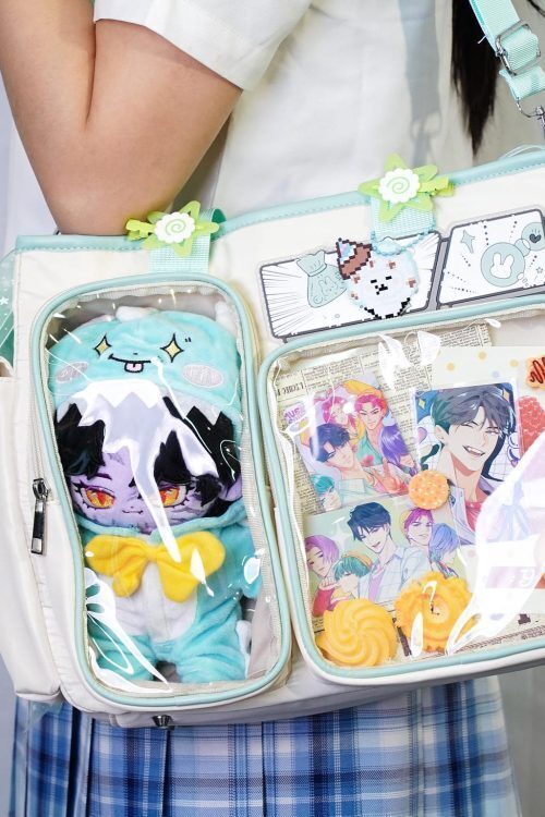 White Plaid Ita Shoulder Bag with Clear Window for Plushies and Pins