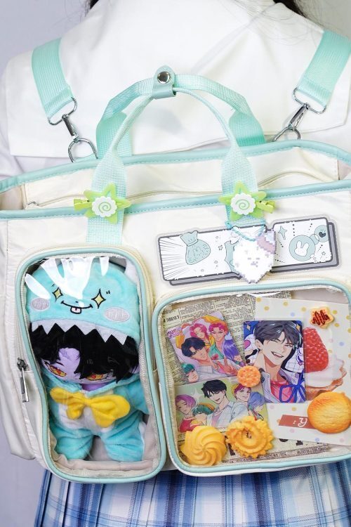 White Plaid Ita Shoulder Bag with Clear Window for Plushies and Pins