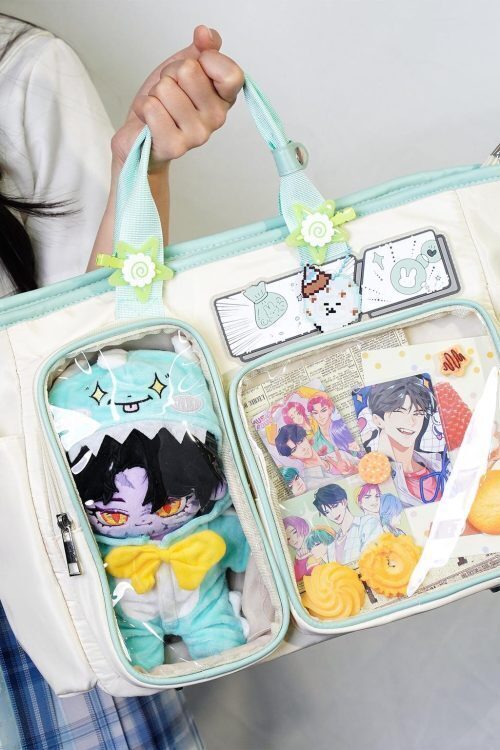 White Plaid Ita Shoulder Bag with Clear Window for Plushies and Pins