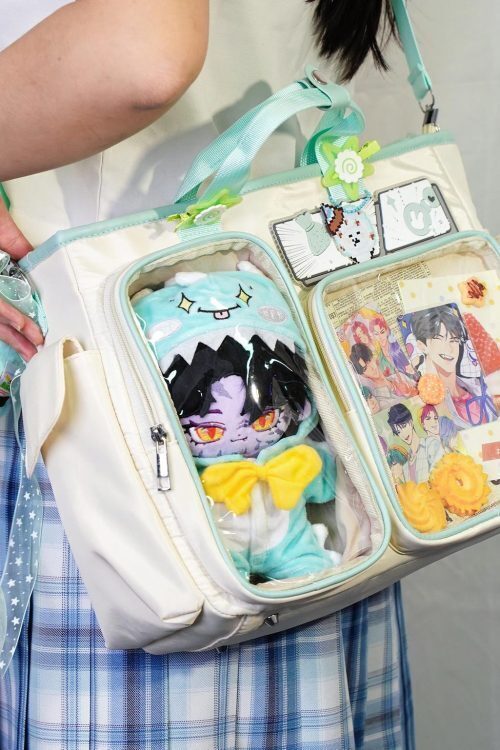 White Plaid Ita Shoulder Bag with Clear Window for Plushies and Pins